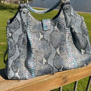 Brahmin Metallic Blue Snake Print Satchel & Wallet set like new! Immaculate